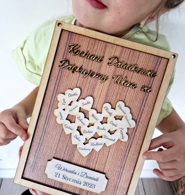 Tabliczka - Kochani Dziadkowie, dziękujemy za... z sercami  - PRODUKT Z WYSYŁKĄ TYLKO NA TERENIE POLSKI