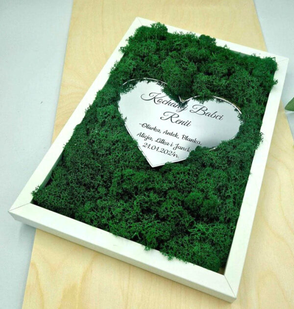 Ramka z żywym chrobotkiem i srebrnym lustrem z grawerem- Dzień Babci i Dziadka  - PRODUKT Z WYSYŁKĄ TYLKO NA TERENIE POLSKI