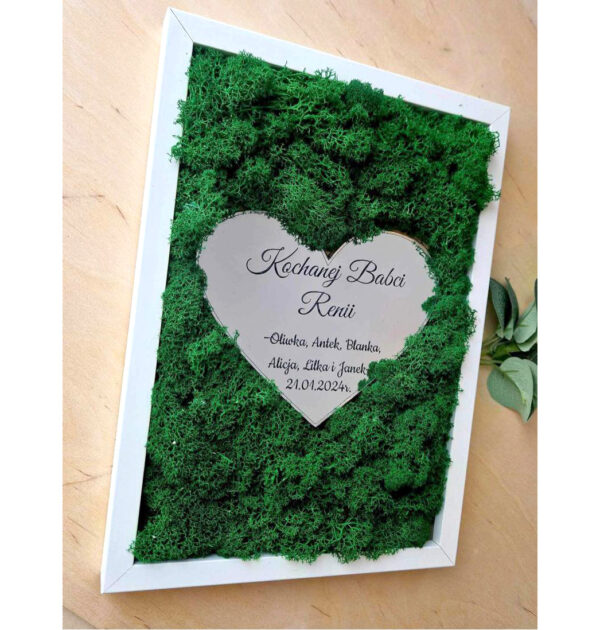 Ramka z żywym chrobotkiem i złotym lustrem z grawerem- Dzień Babci i Dziadka  - PRODUKT Z WYSYŁKĄ TYLKO NA TERENIE POLSKI