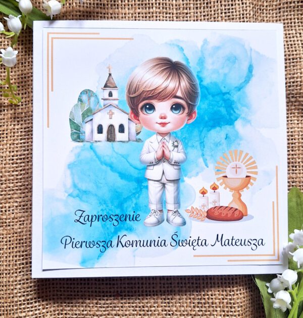 ZAPROSZENIA NA PIERWSZĄ KOMUNIĘ ŚWIĘTĄ - PIERWSZA KOMUNIA ŚWIĘTA - ZAPROSZENIE - DLA CHŁOPCA - WZÓR 2 - ZAP-M-002
