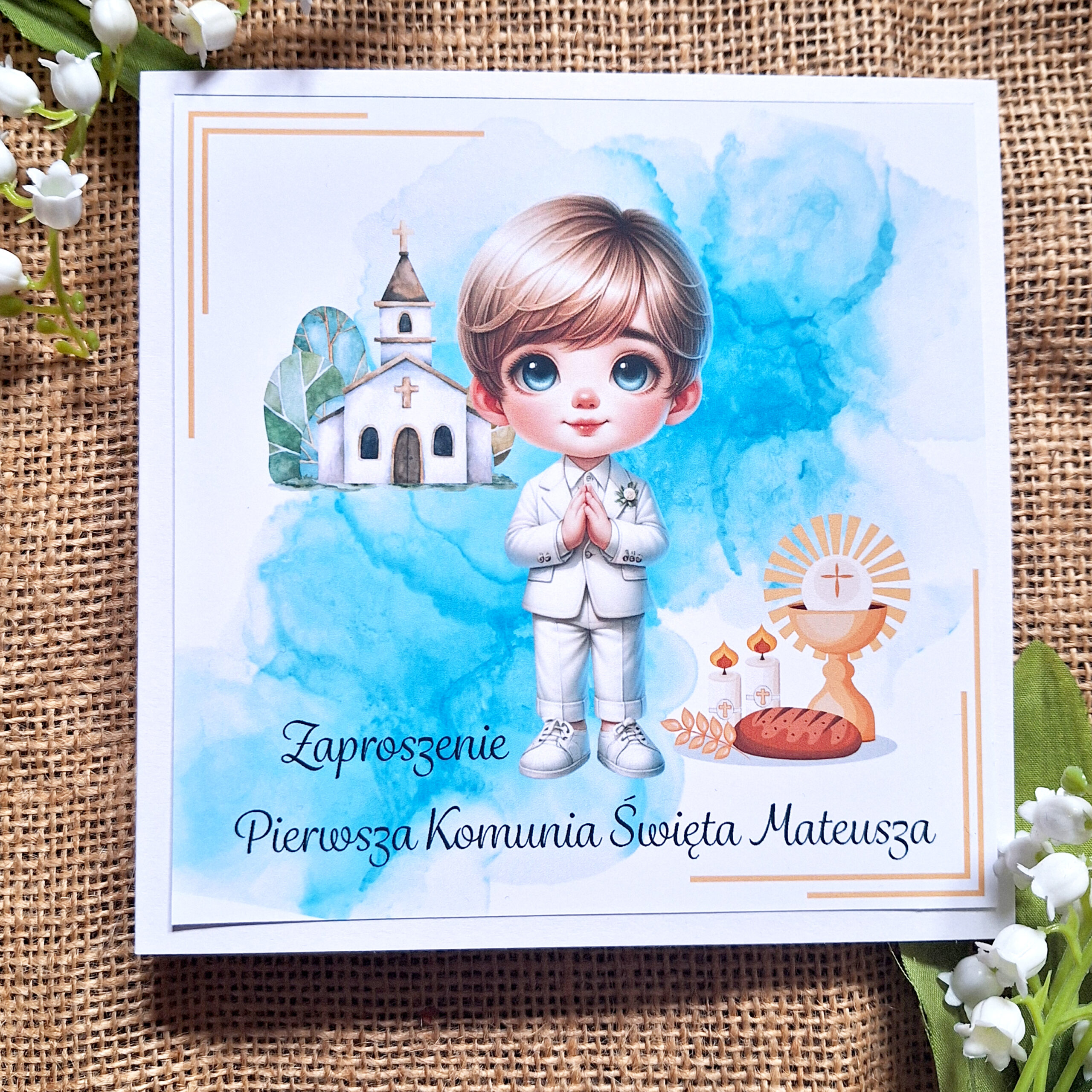 ZAPROSZENIA NA PIERWSZĄ KOMUNIĘ ŚWIĘTĄ - PIERWSZA KOMUNIA ŚWIĘTA - ZAPROSZENIE - DLA CHŁOPCA - WZÓR 2 - ZAP-M-002