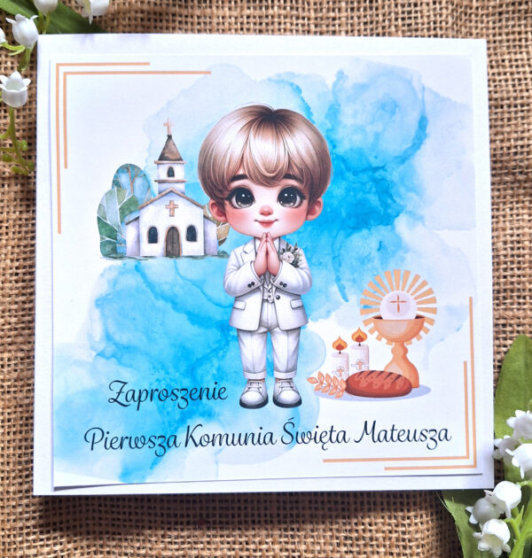 ZAPROSZENIA NA PIERWSZĄ KOMUNIĘ ŚWIĘTĄ - PIERWSZA KOMUNIA ŚWIĘTA - ZAPROSZENIE - DLA CHŁOPCA - WZÓR 3 - ZAP-M-003