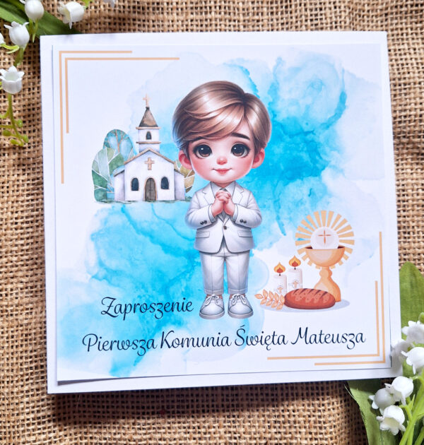 ZAPROSZENIA NA PIERWSZĄ KOMUNIĘ ŚWIĘTĄ - PIERWSZA KOMUNIA ŚWIĘTA - ZAPROSZENIE - DLA CHŁOPCA - WZÓR 4 - ZAP-M-004
