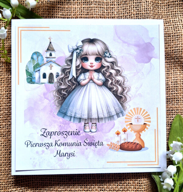 ZAPROSZENIA NA PIERWSZĄ KOMUNIĘ ŚWIĘTĄ - PIERWSZA KOMUNIA ŚWIĘTA - ZAPROSZENIE - DLA DZIEWCZYNKI - WZÓR 7 - ZAP-M-011