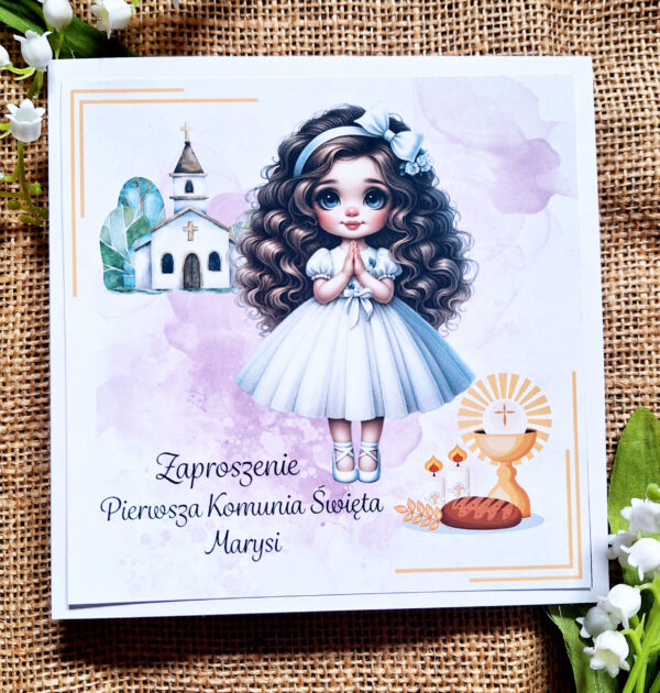 ZAPROSZENIA NA PIERWSZĄ KOMUNIĘ ŚWIĘTĄ - PIERWSZA KOMUNIA ŚWIĘTA - ZAPROSZENIE - DLA DZIEWCZYNKI - WZÓR 8 - ZAP-M-012