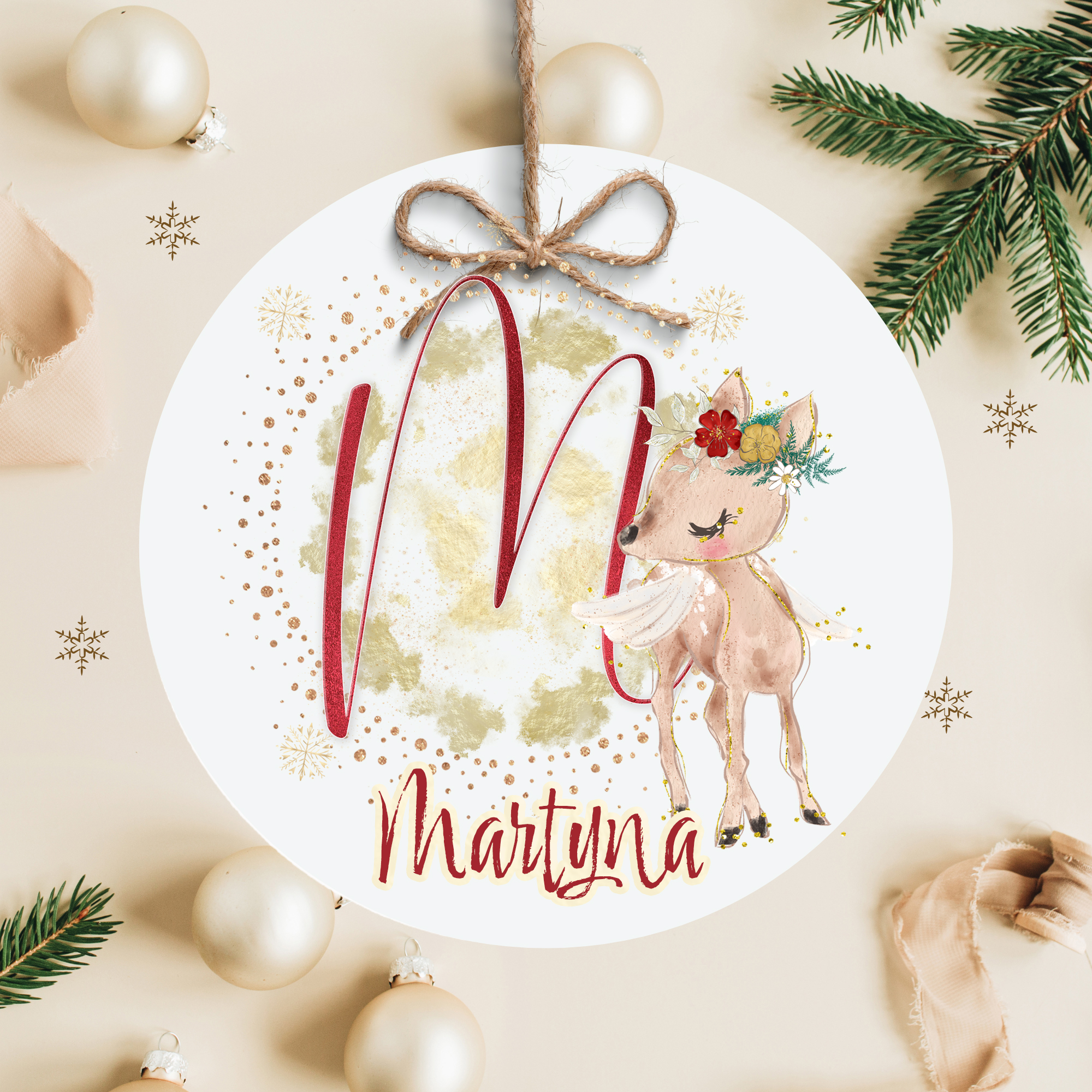 BOMBKA ŚWIĄTECZNA Z IMIENIEM - DWUSTRONNA - JELONEK, RENIFER, IMIĘ