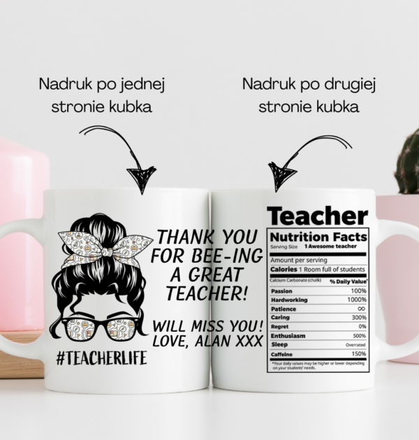 THANK YOU FOR BEE-ING A GREAT TEACHER! - KUBEK DLA NAUCZYCIELA, PERSONALIZOWANY KUBEK - #TEACHERLIFE, TEACHER NUTRITION FACTS (Copy)