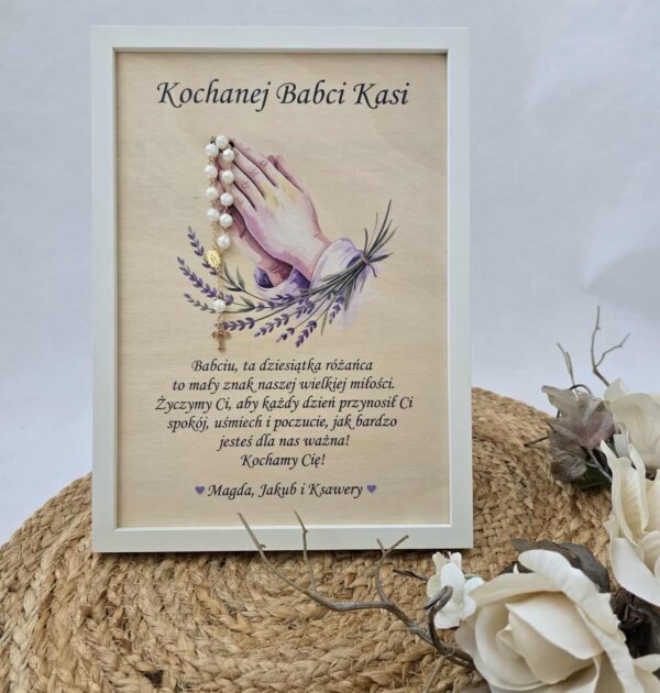 RAMKA / OBRAZ Z RÓŻAŃCEM / DOWOLNY TEKST - wyjątkowy prezent Dzień Babci i Dziadka