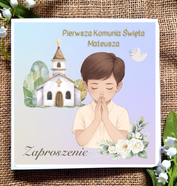 ZAPROSZENIA NA PIERWSZĄ KOMUNIĘ ŚWIĘTĄ - PIERWSZA KOMUNIA ŚWIĘTA - ZAPROSZENIE DLA CHŁOPCA - PERSONALIZOWANE - KWIATY