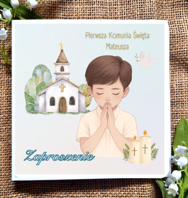ZAPROSZENIA NA PIERWSZĄ KOMUNIĘ ŚWIĘTĄ - PIERWSZA KOMUNIA ŚWIĘTA - ZAPROSZENIE DLA CHŁOPCA - PERSONALIZOWANE - ŚWIECE