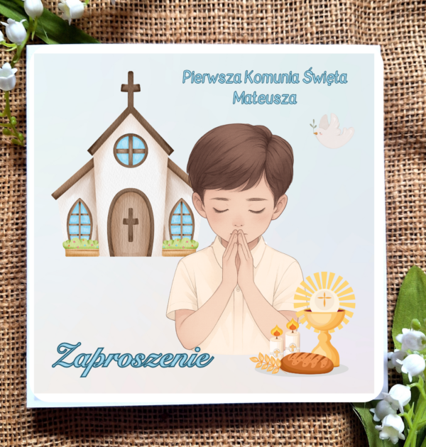 ZAPROSZENIA NA PIERWSZĄ KOMUNIĘ ŚWIĘTĄ - PIERWSZA KOMUNIA ŚWIĘTA - ZAPROSZENIE DLA CHŁOPCA - PERSONALIZOWANE - KIELICH